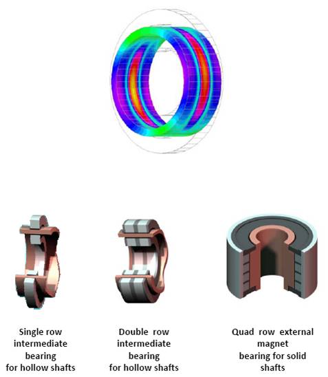 Products Homopolar Electrodynamic Bearings - A passive technology, Single Row Intermediate Bearing, Double Row Intermediate Bearing, Quad Row External Magnet 